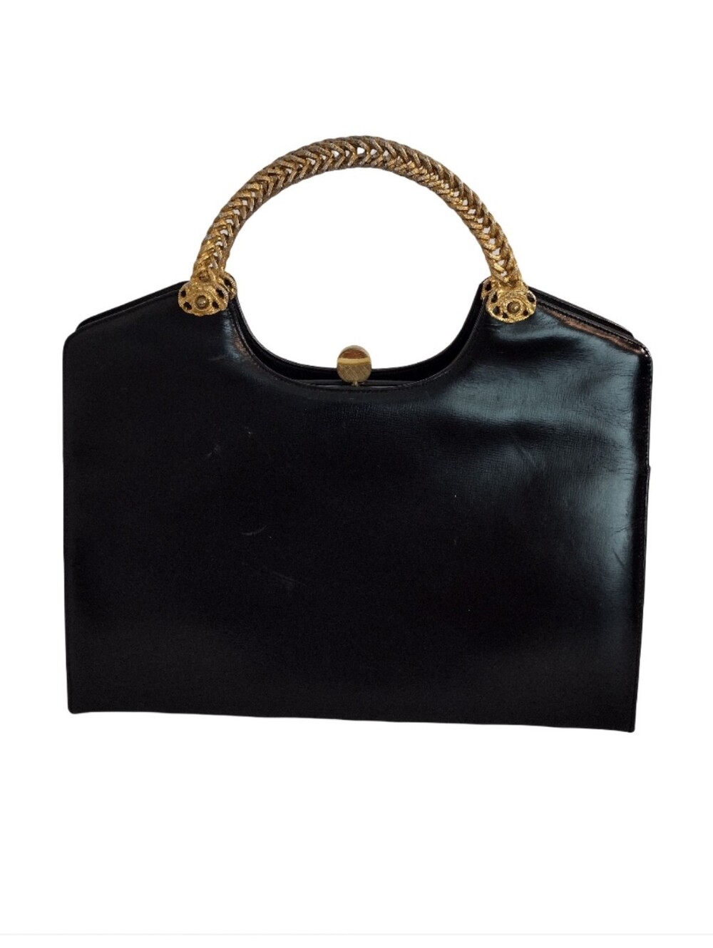 Vintage 1950s Black Leather Top Handle Handbag Gold Woven Handle Cocktail Bag - Picture 1 of 14
